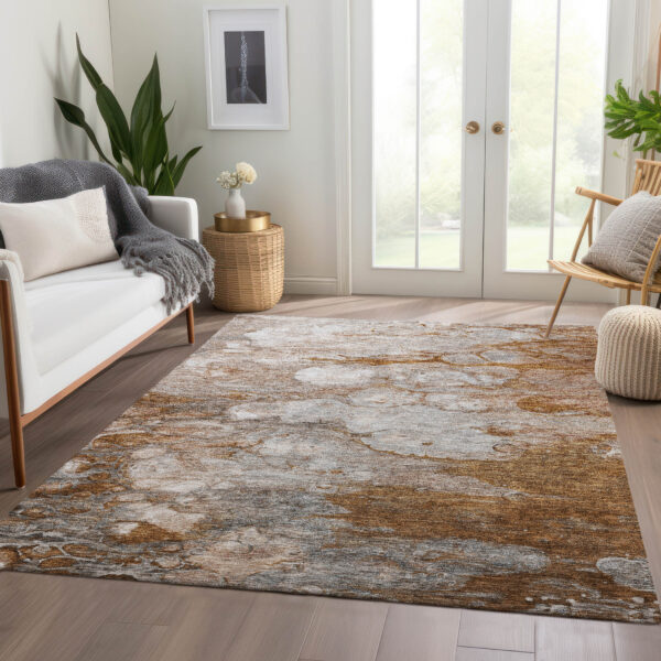 9' X 12' Terra Cotta Gray And Silver Abstract Washable Indoor Outdoor Area Rug