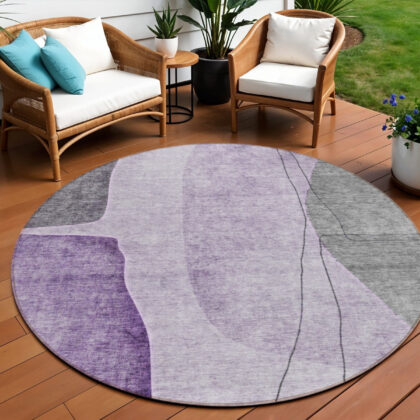 8' Purple Eggplant And Gray Round Abstract Washable Indoor Outdoor Area Rug