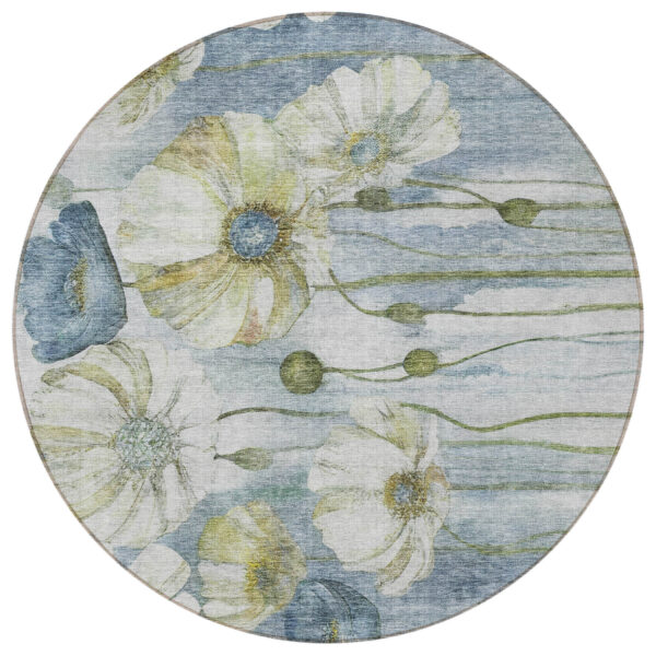 8' Denim Blue And Sky Blue Round Floral Washable Indoor Outdoor Area Rug