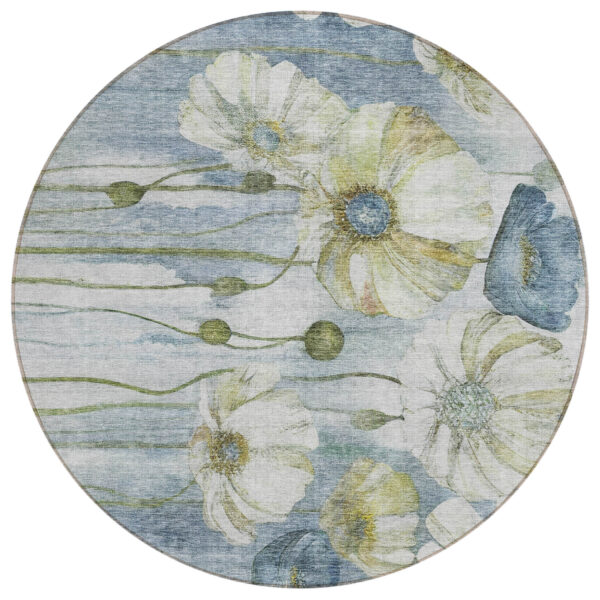 8' Denim Blue And Sky Blue Round Floral Washable Indoor Outdoor Area Rug