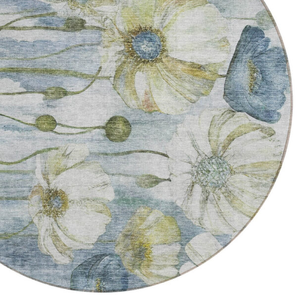 8' Denim Blue And Sky Blue Round Floral Washable Indoor Outdoor Area Rug