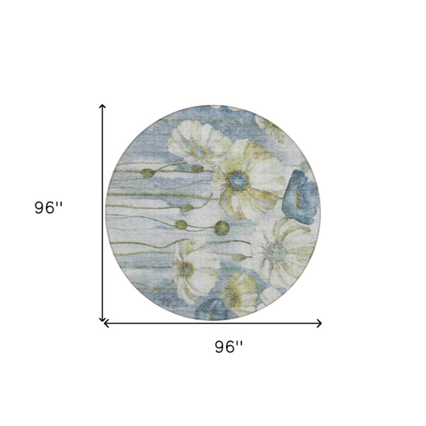 8' Denim Blue And Sky Blue Round Floral Washable Indoor Outdoor Area Rug