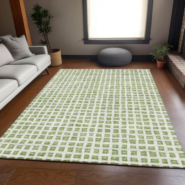 9' X 12' Artichoke Green And Ivory Geometric Washable Indoor Outdoor Area Rug
