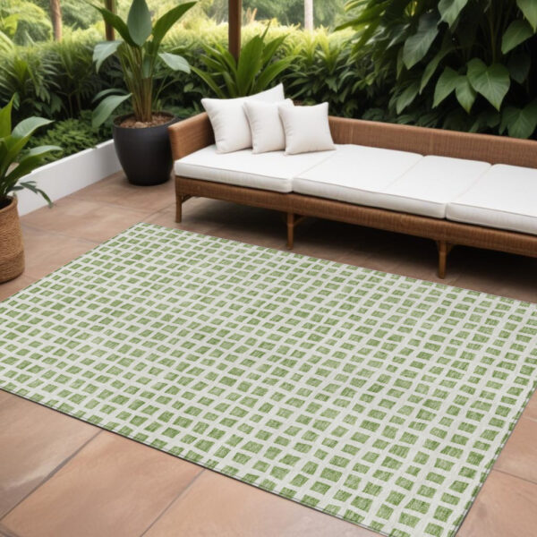 9' X 12' Artichoke Green And Ivory Geometric Washable Indoor Outdoor Area Rug