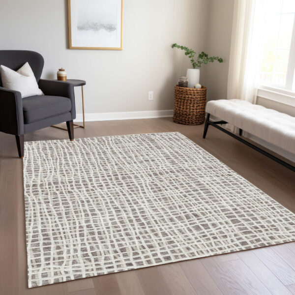 3' X 5' Taupe And Beige Striped Washable Indoor Outdoor Area Rug