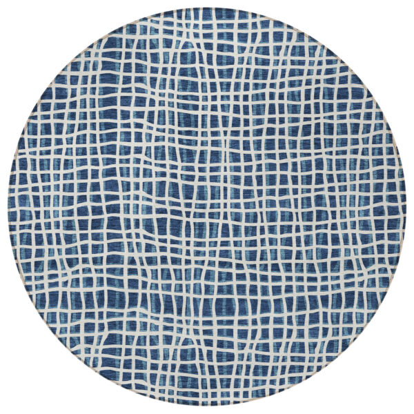 8' Navy Blue And Ivory Round Striped Washable Indoor Outdoor Area Rug