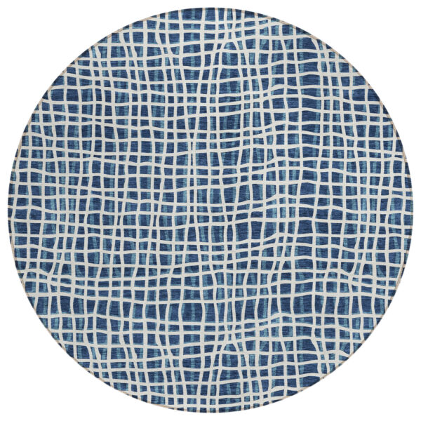 8' Navy Blue And Ivory Round Striped Washable Indoor Outdoor Area Rug