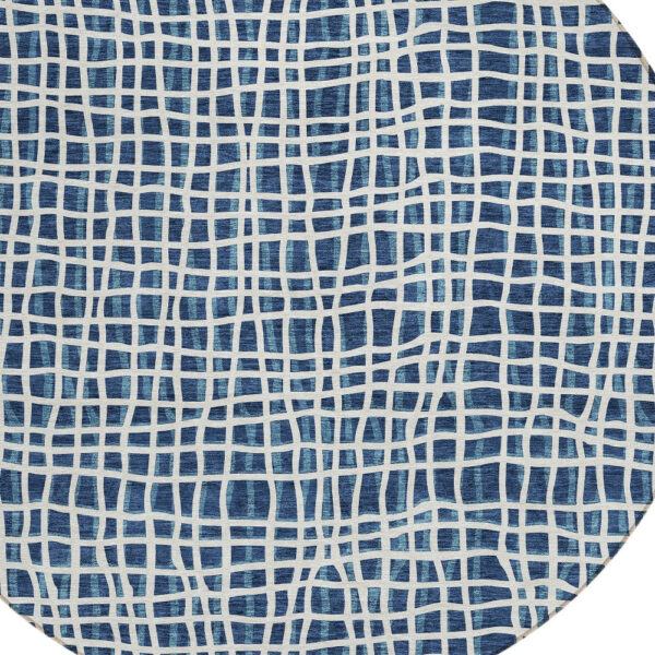 8' Navy Blue And Ivory Round Striped Washable Indoor Outdoor Area Rug