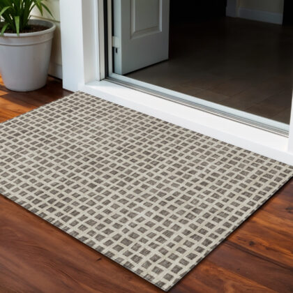 3' X 5' Brown Taupe And Ivory Geometric Washable Indoor Outdoor Area Rug