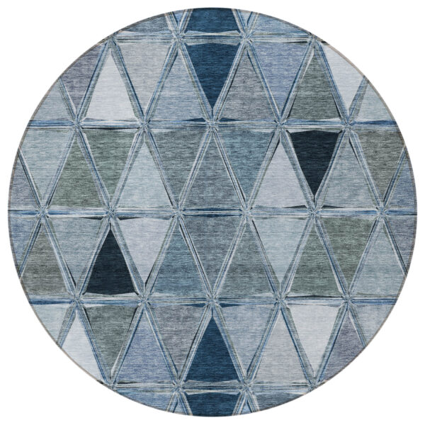 8' Denim Blue And Sky Blue Round Geometric Washable Indoor Outdoor Area Rug