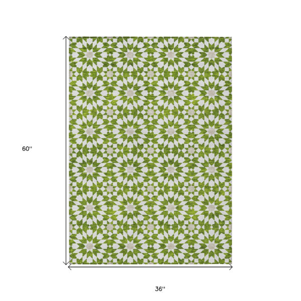 3' X 5' Lime Green Ivory And Beige Floral Medallion Washable Indoor Outdoor Area Rug