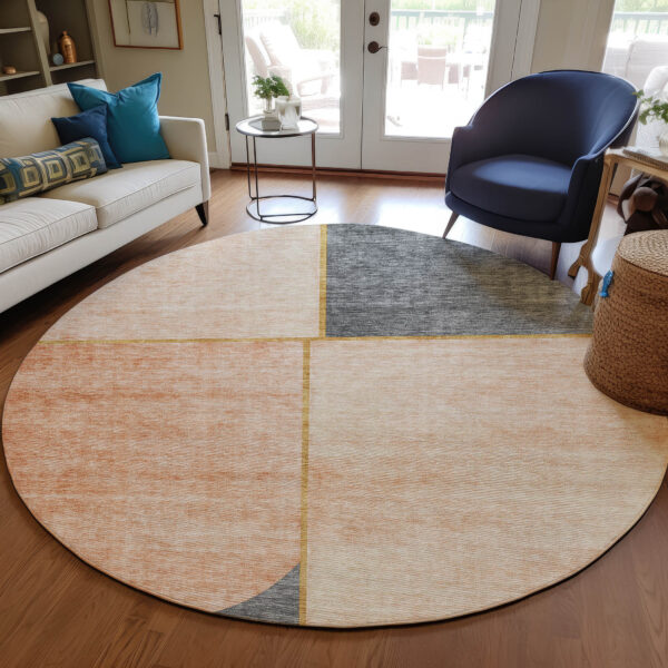 8' Coral Peach And Gray Round Abstract Washable Indoor Outdoor Area Rug