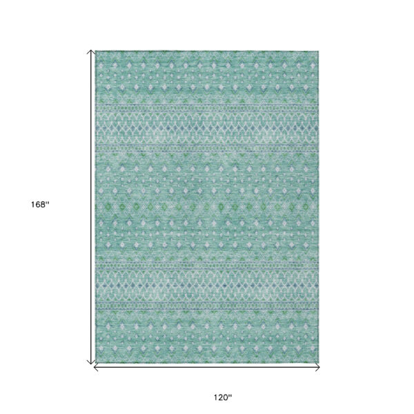 10' X 14' Aqua Teal Blue And Ivory Tribal Washable Indoor Outdoor Area Rug