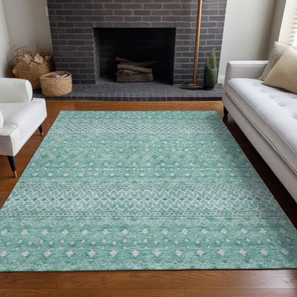 10' X 14' Aqua Teal Blue And Ivory Tribal Washable Indoor Outdoor Area Rug