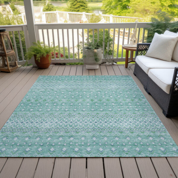 10' X 14' Aqua Teal Blue And Ivory Tribal Washable Indoor Outdoor Area Rug