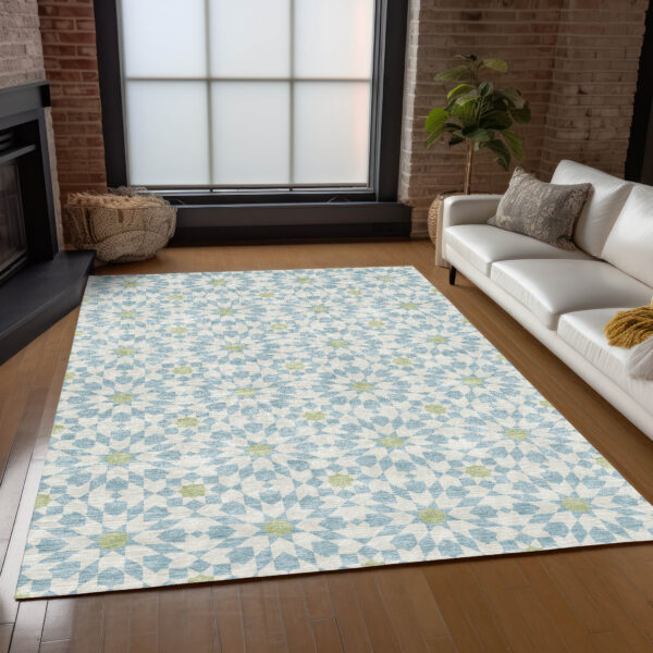 9' X 12' Sky Blue Ivory And Artichoke Green Floral Medallion Washable Indoor Outdoor Area Rug