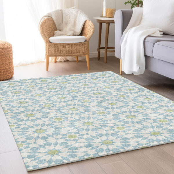 9' X 12' Sky Blue Ivory And Artichoke Green Floral Medallion Washable Indoor Outdoor Area Rug