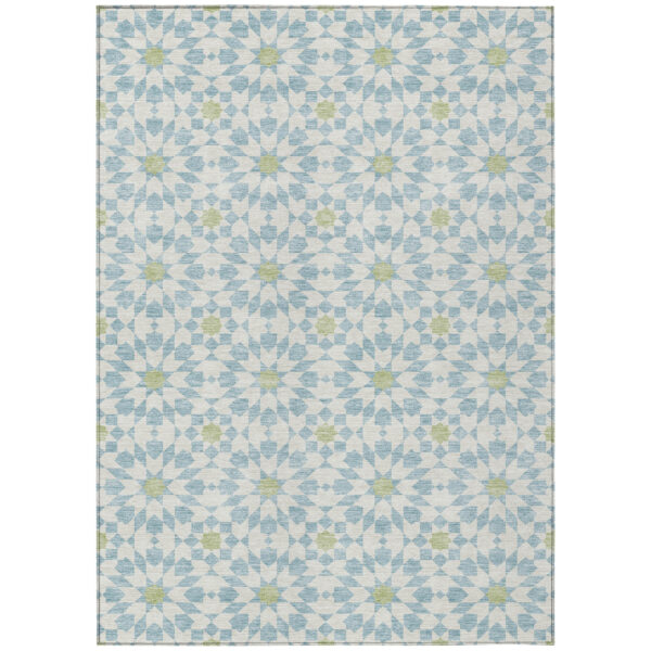 9' X 12' Sky Blue Ivory And Artichoke Green Floral Medallion Washable Indoor Outdoor Area Rug