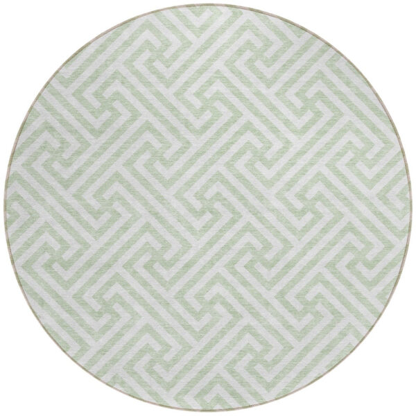 8' Mint Green Artichoke Green And Ivory Round Geometric Washable Indoor Outdoor Area Rug