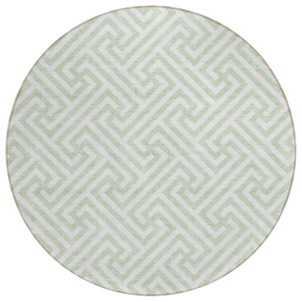 8' Mint Green Artichoke Green And Ivory Round Geometric Washable Indoor Outdoor Area Rug