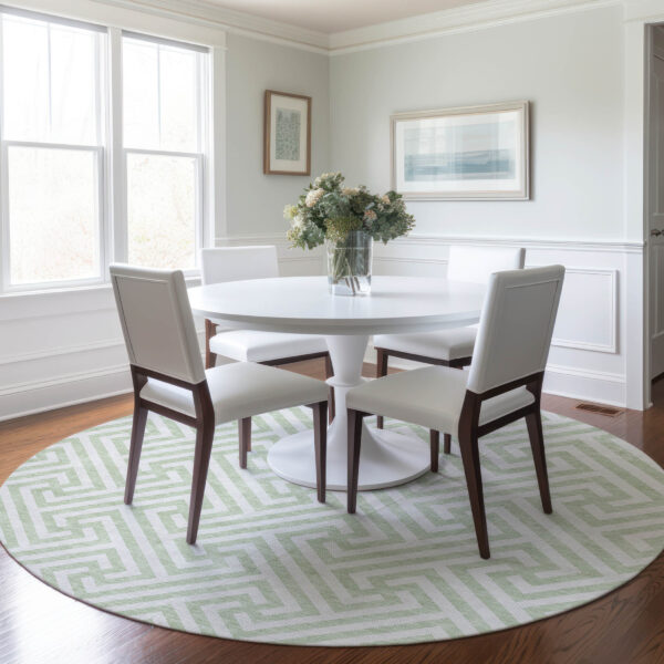 8' Mint Green Artichoke Green And Ivory Round Geometric Washable Indoor Outdoor Area Rug