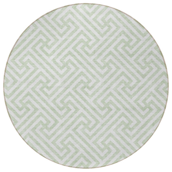 8' Mint Green Artichoke Green And Ivory Round Geometric Washable Indoor Outdoor Area Rug