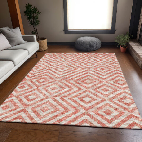 3' X 5' Salmon And Ivory Geometric Washable Indoor Outdoor Area Rug