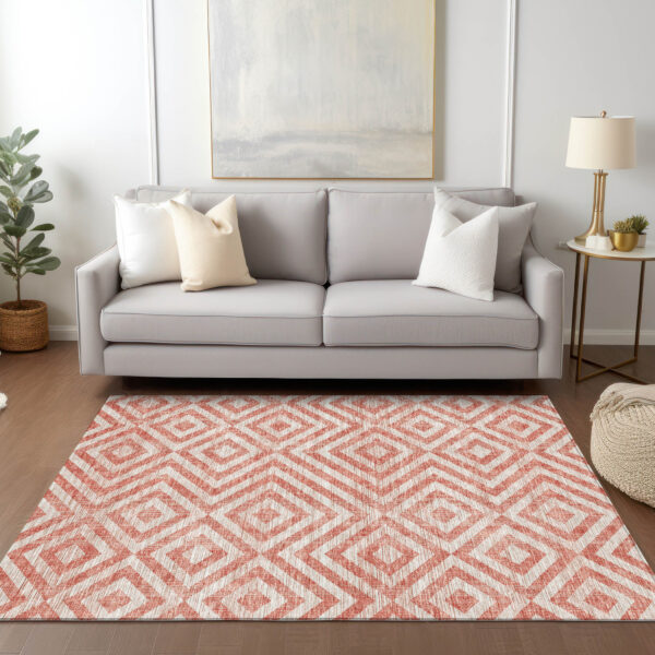 3' X 5' Salmon And Ivory Geometric Washable Indoor Outdoor Area Rug