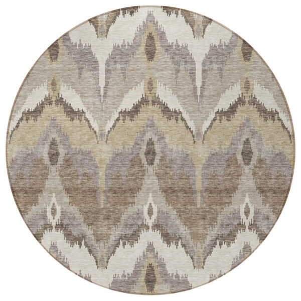 8' Beige Chocolate And Taupe Round Ikat Washable Indoor Outdoor Area Rug