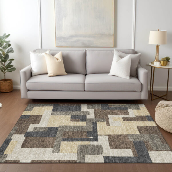 10' X 14' Brown And Taupe Abstract Washable Indoor Outdoor Area Rug