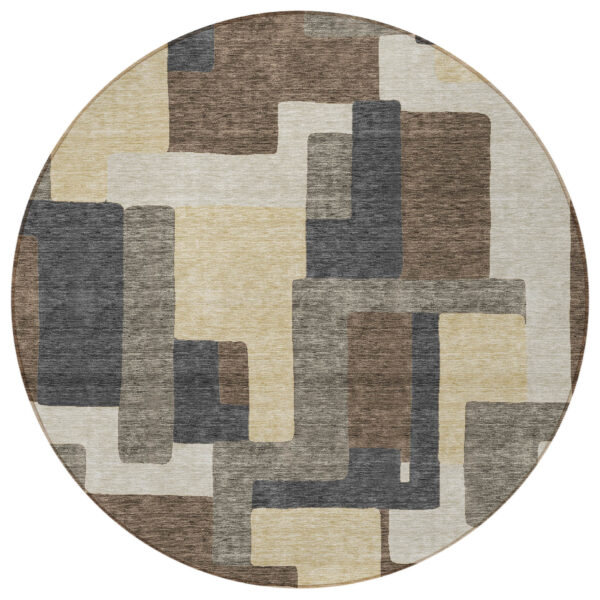8' Brown And Taupe Round Abstract Washable Indoor Outdoor Area Rug