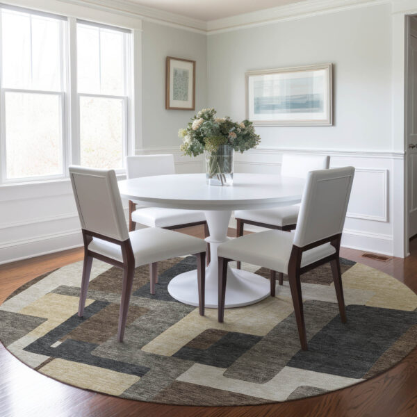 8' Brown And Taupe Round Abstract Washable Indoor Outdoor Area Rug