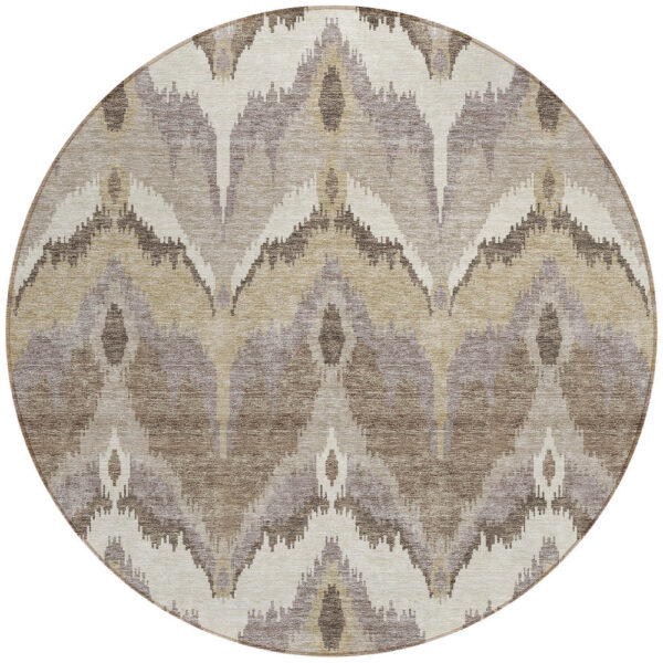 8' Beige Chocolate And Taupe Round Ikat Washable Indoor Outdoor Area Rug