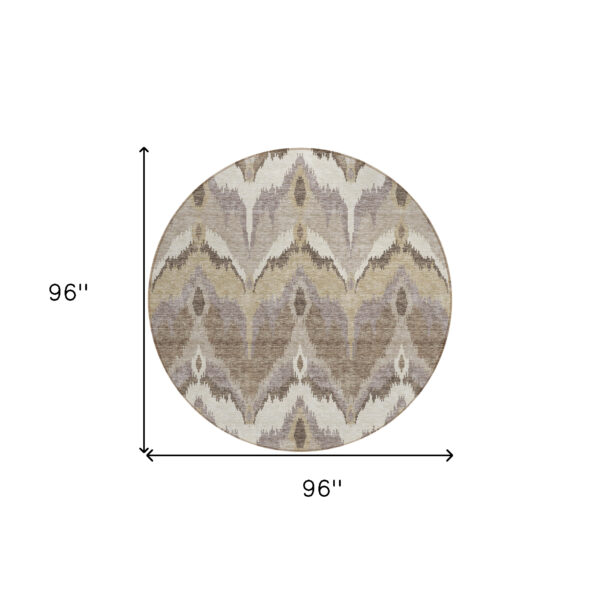 8' Beige Chocolate And Taupe Round Ikat Washable Indoor Outdoor Area Rug