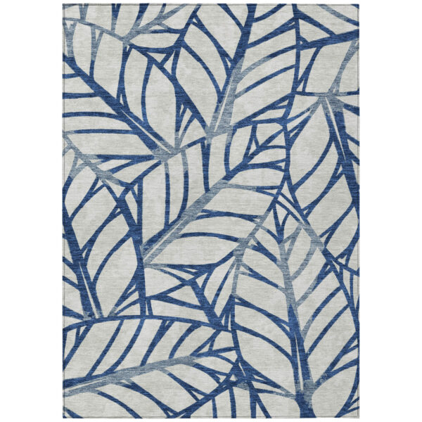 9' X 12' Navy Blue And Beige Floral Washable Indoor Outdoor Area Rug