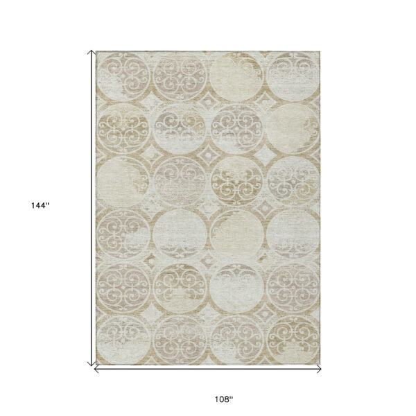 9' X 12' Ivory Beige And Taupe Trellis Washable Indoor Outdoor Area Rug