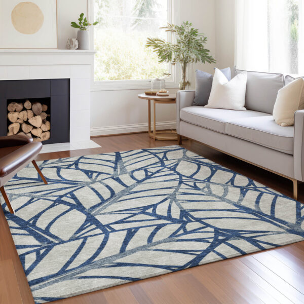 9' X 12' Navy Blue And Beige Floral Washable Indoor Outdoor Area Rug