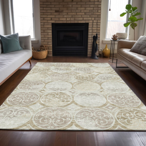 9' X 12' Ivory Beige And Taupe Trellis Washable Indoor Outdoor Area Rug