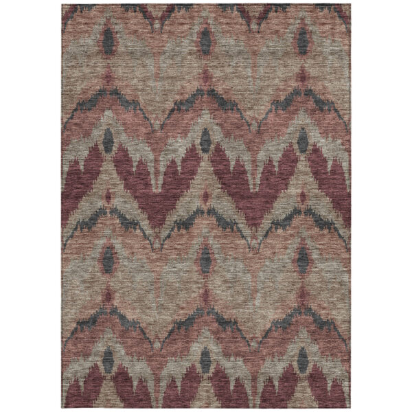 5' X 8' Burgundy Beige And Charcoal Ikat Washable Indoor Outdoor Area Rug