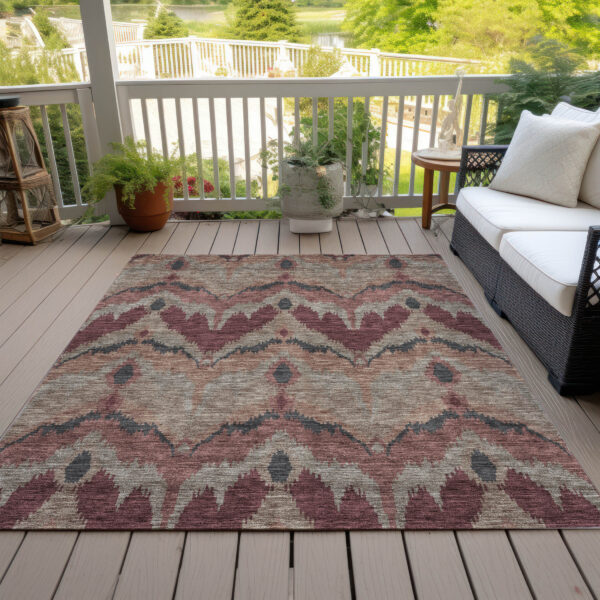 5' X 8' Burgundy Beige And Charcoal Ikat Washable Indoor Outdoor Area Rug