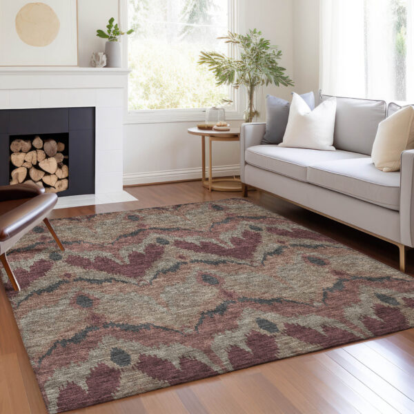 5' X 8' Burgundy Beige And Charcoal Ikat Washable Indoor Outdoor Area Rug