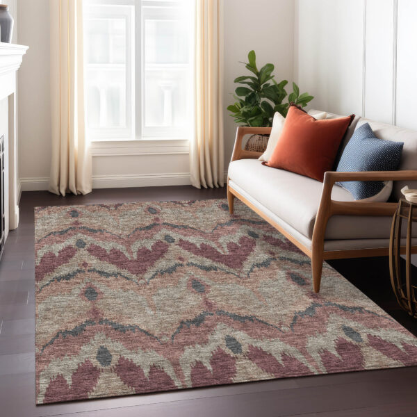 5' X 8' Burgundy Beige And Charcoal Ikat Washable Indoor Outdoor Area Rug