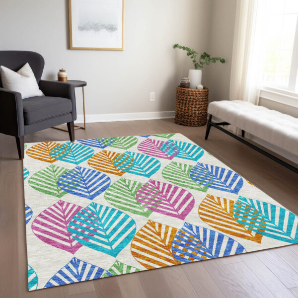 8' X 10' White Orange And Blue Floral Washable Indoor Outdoor Area Rug