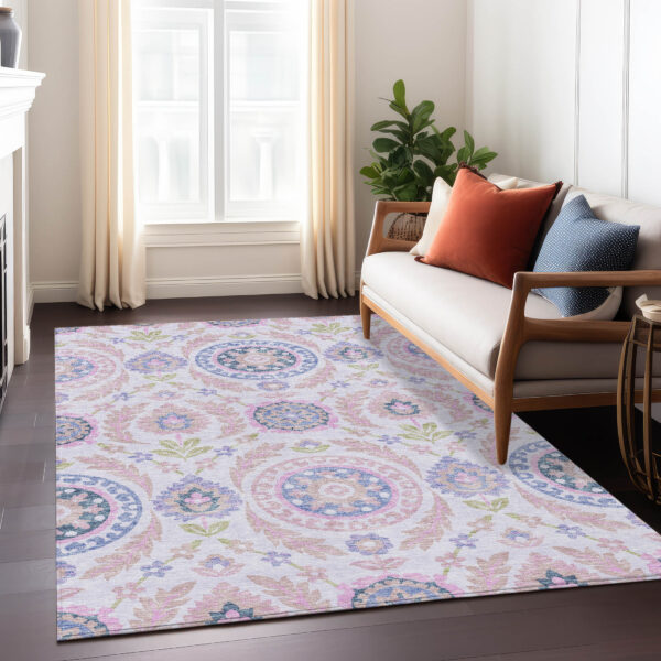 9' X 12' Blush Lavender And Purple Floral Washable Indoor Outdoor Area Rug