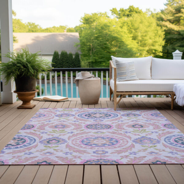 9' X 12' Blush Lavender And Purple Floral Washable Indoor Outdoor Area Rug