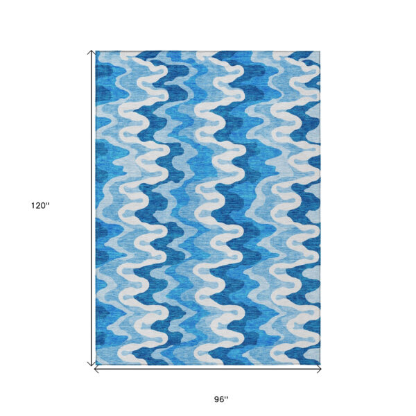 8' X 10' Sky Blue Denim Blue And Ivory Abstract Washable Indoor Outdoor Area Rug