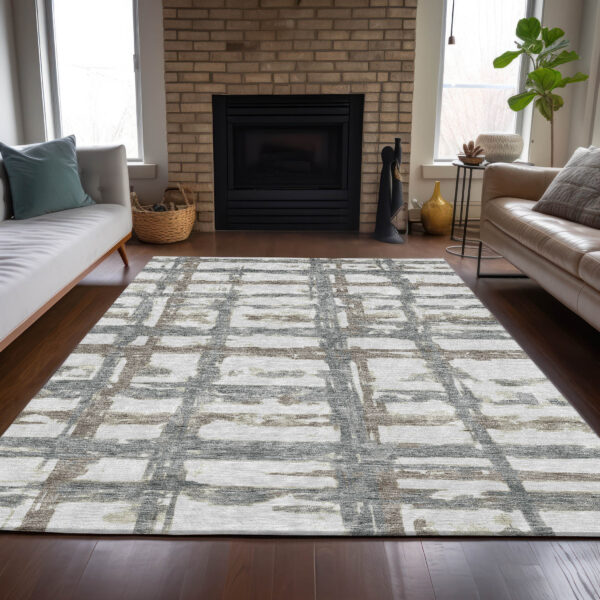 8' X 10' Silver Taupe And Gray Striped Washable Indoor Outdoor Area Rug