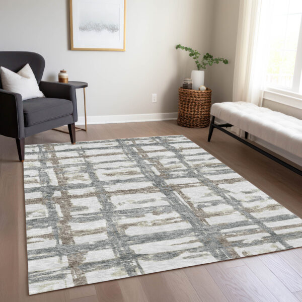 8' X 10' Silver Taupe And Gray Striped Washable Indoor Outdoor Area Rug