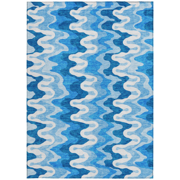 8' X 10' Sky Blue Denim Blue And Ivory Abstract Washable Indoor Outdoor Area Rug