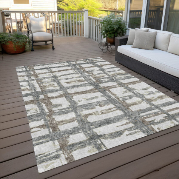 8' X 10' Silver Taupe And Gray Striped Washable Indoor Outdoor Area Rug